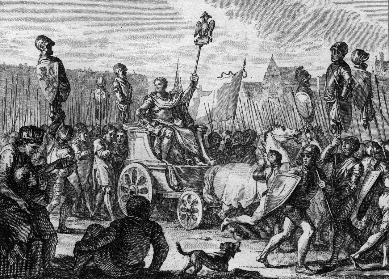 Defile by Philip II Auguste (1165-1223) in the streets of Paris, after the victory of the French army against the Flemish and Welfs of Othon IV at the Battle of Bouvines av Jean Michel the Younger Moreau