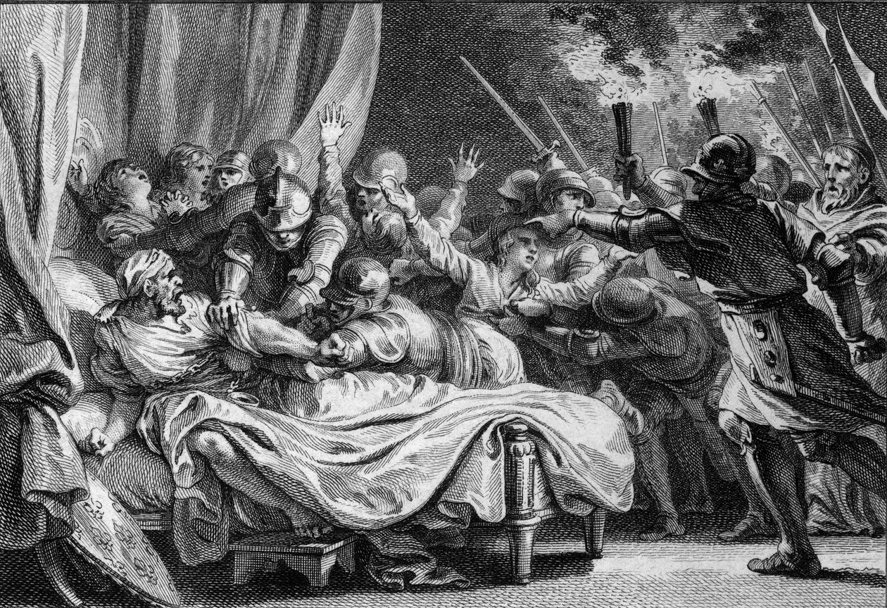 Slutten av det karolingiske dynastiet, 988: arrestasjon av Charles (953-991), hertugen av Nedre Lorraine, av Hugues Capet (941-996) og hans hær. Gravering av Jean Michel Moreau, dit Moreau le Jeune (1741-1814) av Jean Michel the Younger Moreau