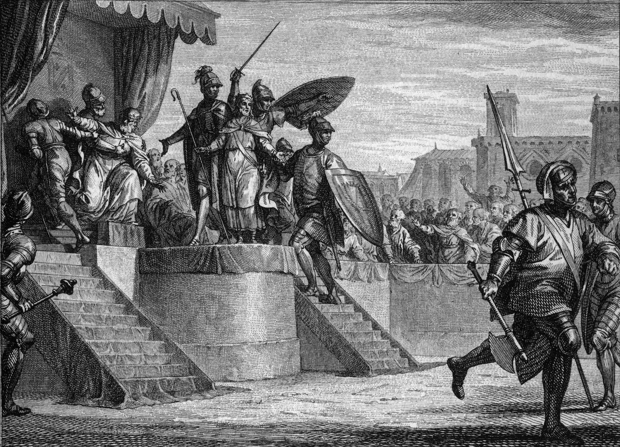 End of the Merovingian dynasty, 751: deposition of King Childeric III (ca. 714-754) by Pepin the Brief (714-768). Engraving by Jean Michel Moreau, dit Moreau le Jeune (1741- 1814) av Jean Michel the Younger Moreau