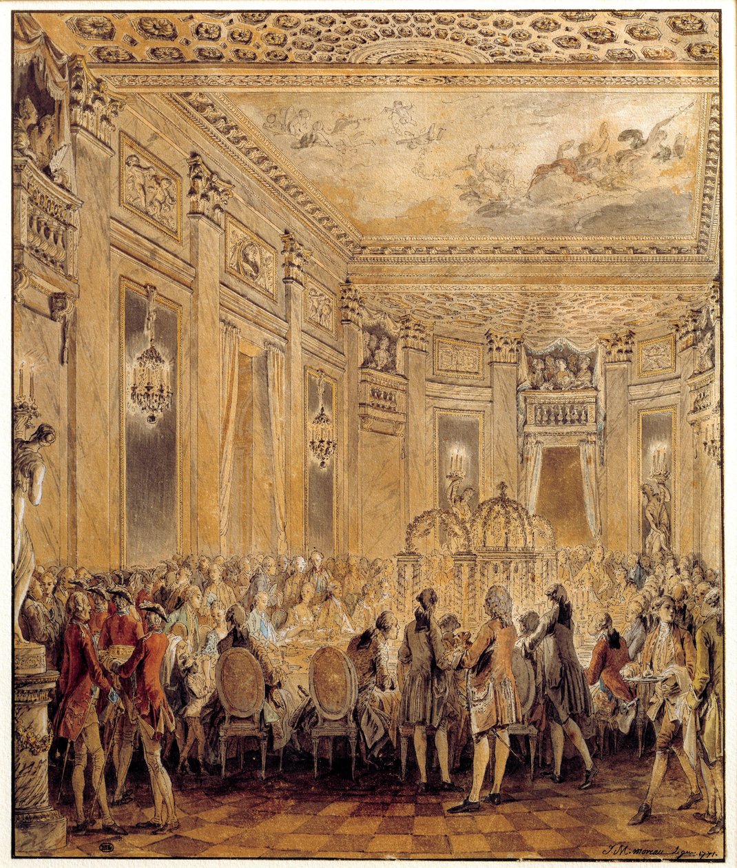 Fest gitt av Jeanne Becu, grevinne (eller madame) av Barry (1743-1793), elskerinne til Louis XV, på slottet Louveciennes 2.09.1771 Akvarell av Jean Michel Moreau le Jeune (1741-1814). Søn 0,31x0,26 m Paris, musee du Louvre av Jean Michel the Younger Moreau