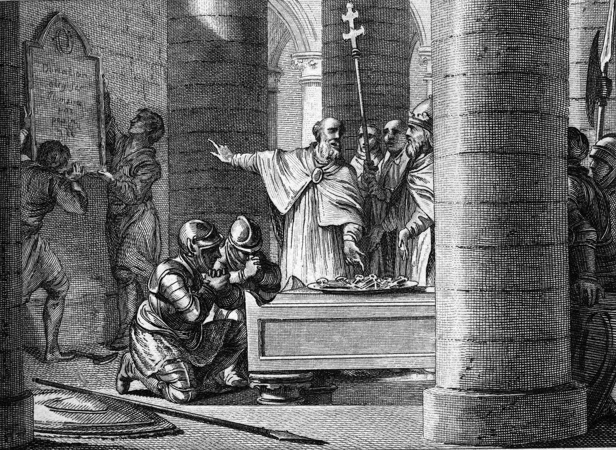 Fulrade (Fulrad), den store kapellanen til Pepin the Brief, tilbød pave Stephen II nøklene til femten byer hentet fra langobardene som skulle danne grunnlaget for den pavelige staten (755). På knærne, de to sønnene til Pepin le Brief: Charles og Carloma av Jean Michel the Younger Moreau