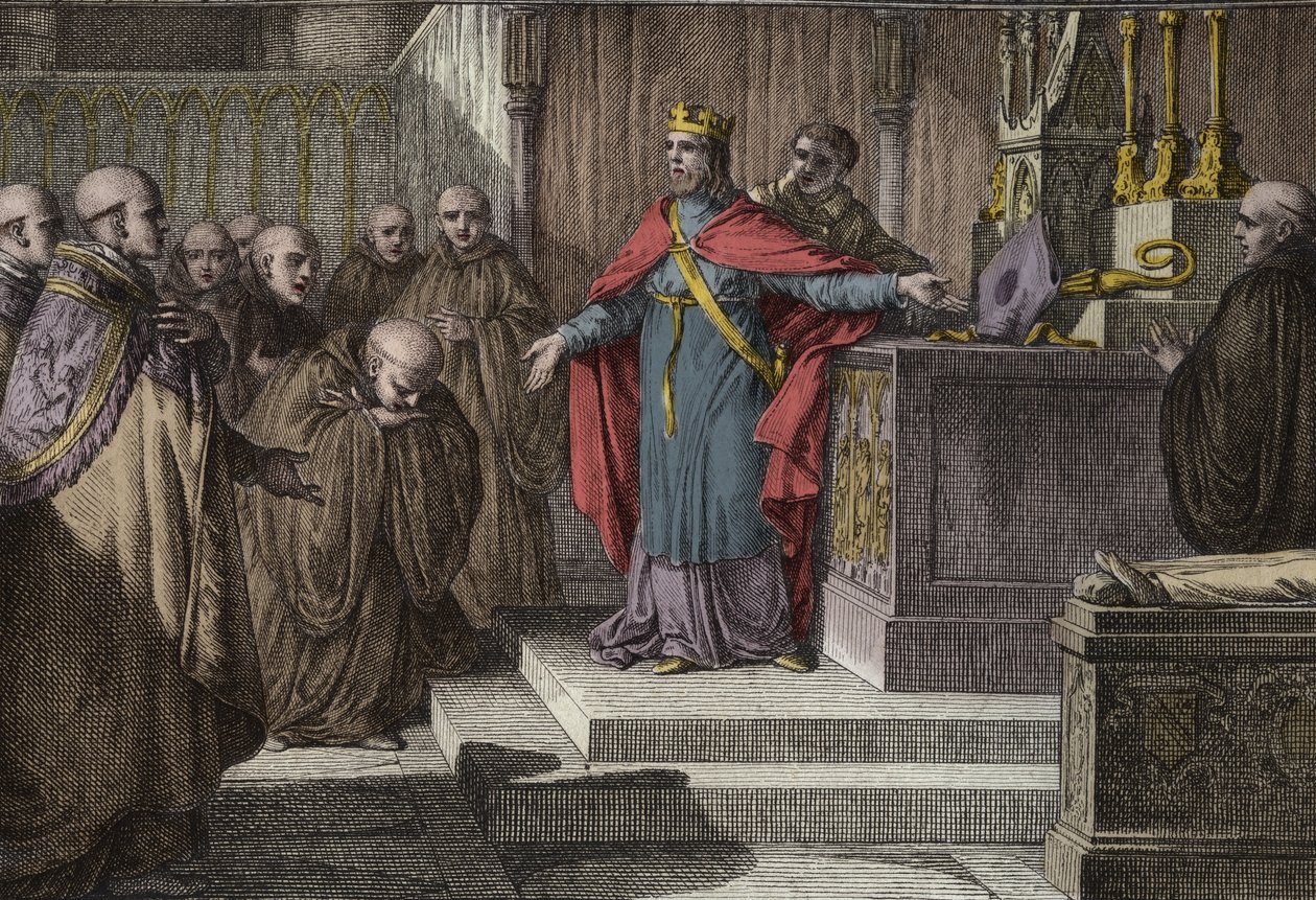 Hugues Capet (941-996) reetablerte de kanoniske valgene: Frankenes konge lot munkene velge sine abbeder ved å plassere et kors og en mitre på et alter. Gravering av Jean Michel Moreau, dit Moreau le Jeune (1741-1814) av Jean Michel the Younger Moreau