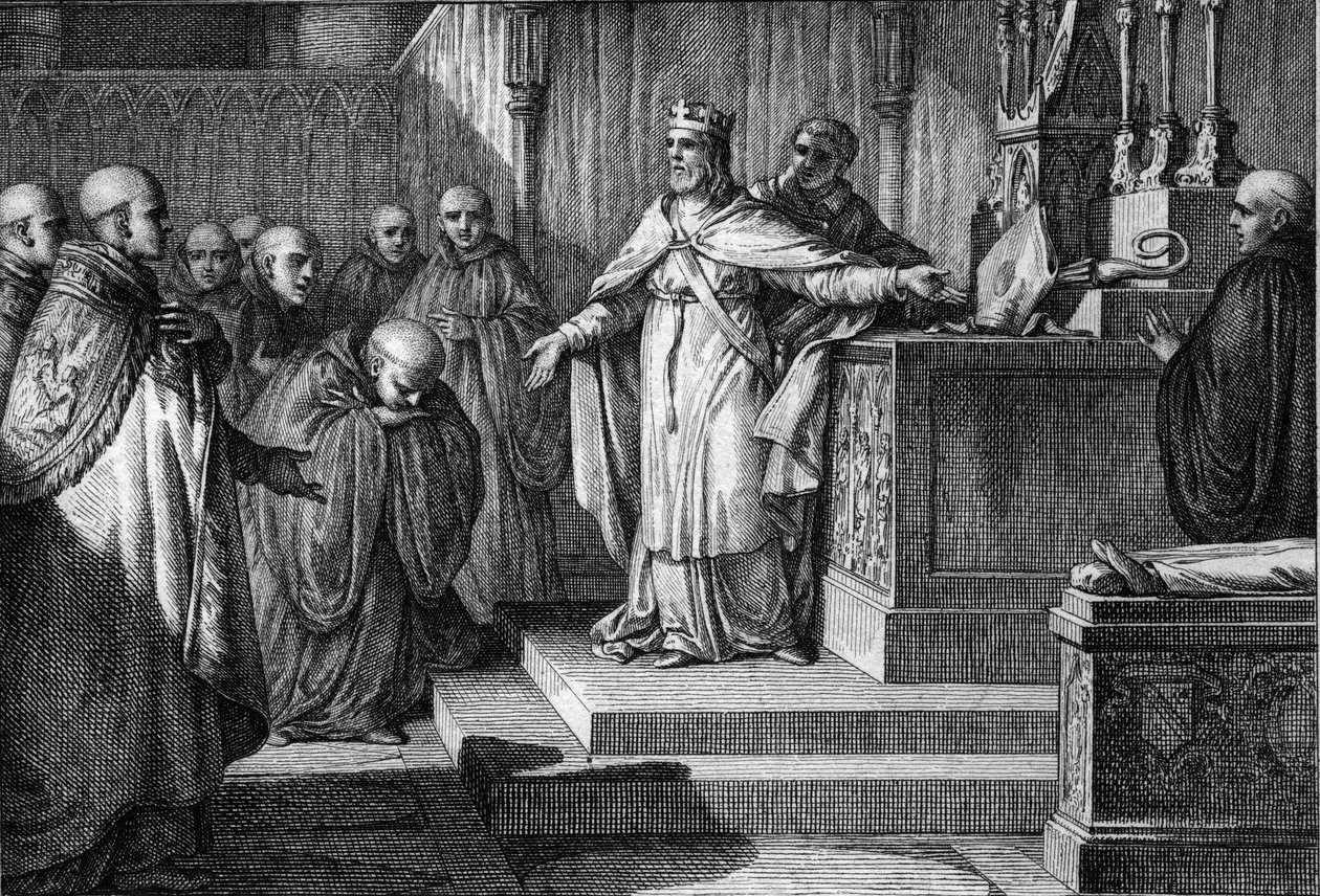 Hugues Capet (941-996) reetablerte de kanoniske valgene: Frankenes konge lot munkene velge sine abbeder ved å plassere et kors og en mitre på et alter. Gravering av Jean Michel Moreau, dit Moreau le Jeune (1741-1814) av Jean Michel the Younger Moreau