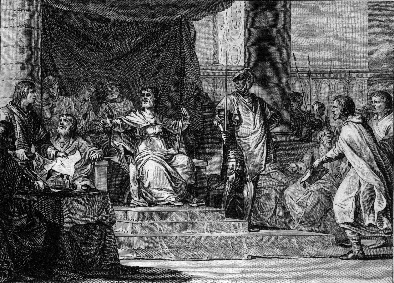 Fantasifull representasjon av riket til merovingerske "late konger": Clovis III (682-695), Childebert III (683-711) og Dagobert III (rundt 697-715) sover og sitter bak borgermesteren i Pepin le Jeune eller Herstal Palace (rundt 653-714). Graverin av Jean Michel the Younger Moreau