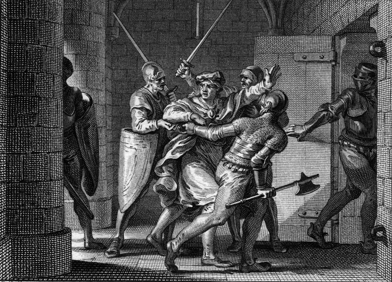 Imprisonment of Charles III the Simple (879-929), 923: Believing to find refuge with Herbert of Vermandois, the former king of the Franks was betrayed by the latter and sent to prison. Engraving by Jean Michel Moreau, dit Moreau le Jeune (1741- 1814) av Jean Michel the Younger Moreau