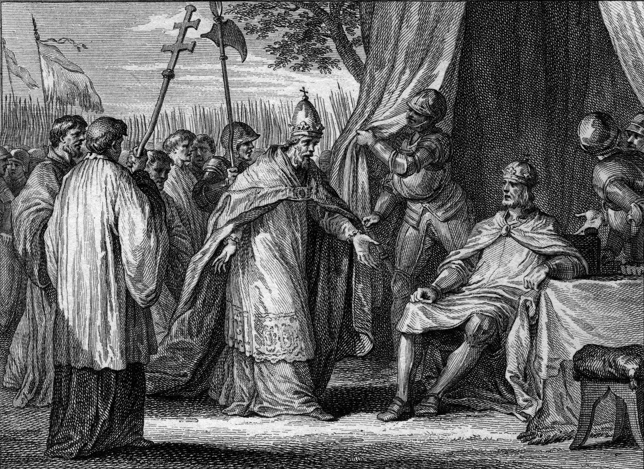 Intervju mellom pave Gregoire IV (død 844) og Ludvig I den fromme eller Debonnaire (778-840), i 833, for å avgjøre tvisten mellom kongen og hans sønner, Lothaire, Pepin og Louis. Gravering av Jean Michel Moreau, dit Moreau le Jeune (1741-18 av Jean Michel the Younger Moreau