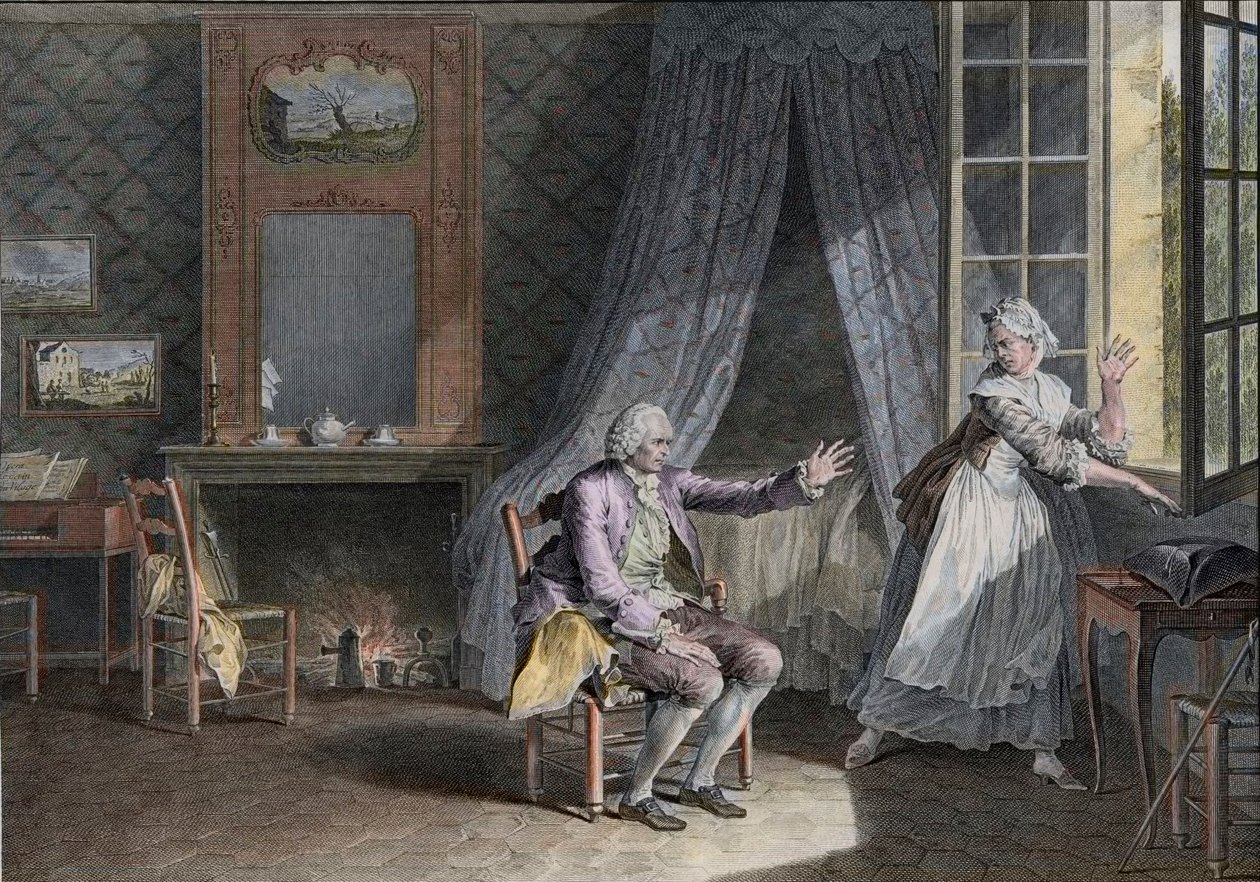Jean Jacques Rousseaus siste ord (1712-1778), engelsktalende forfatter i Genevan. Gravering av slutten av 1700-tallet, etter Moreau le Jeune Les Dernieres Paroles Jean-Jacques Rousseau etter Moreau, Jean-Michel av Jean Michel the Younger Moreau