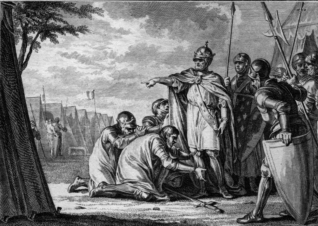 Louis I the Pious or the Debonnaire (778-840) forgives his son Lothaire (795-855) who prostrates to his feet. 834. Engraving by Jean Michel Moreau, dit Moreau le Jeune (1741- 1814) av Jean Michel the Younger Moreau
