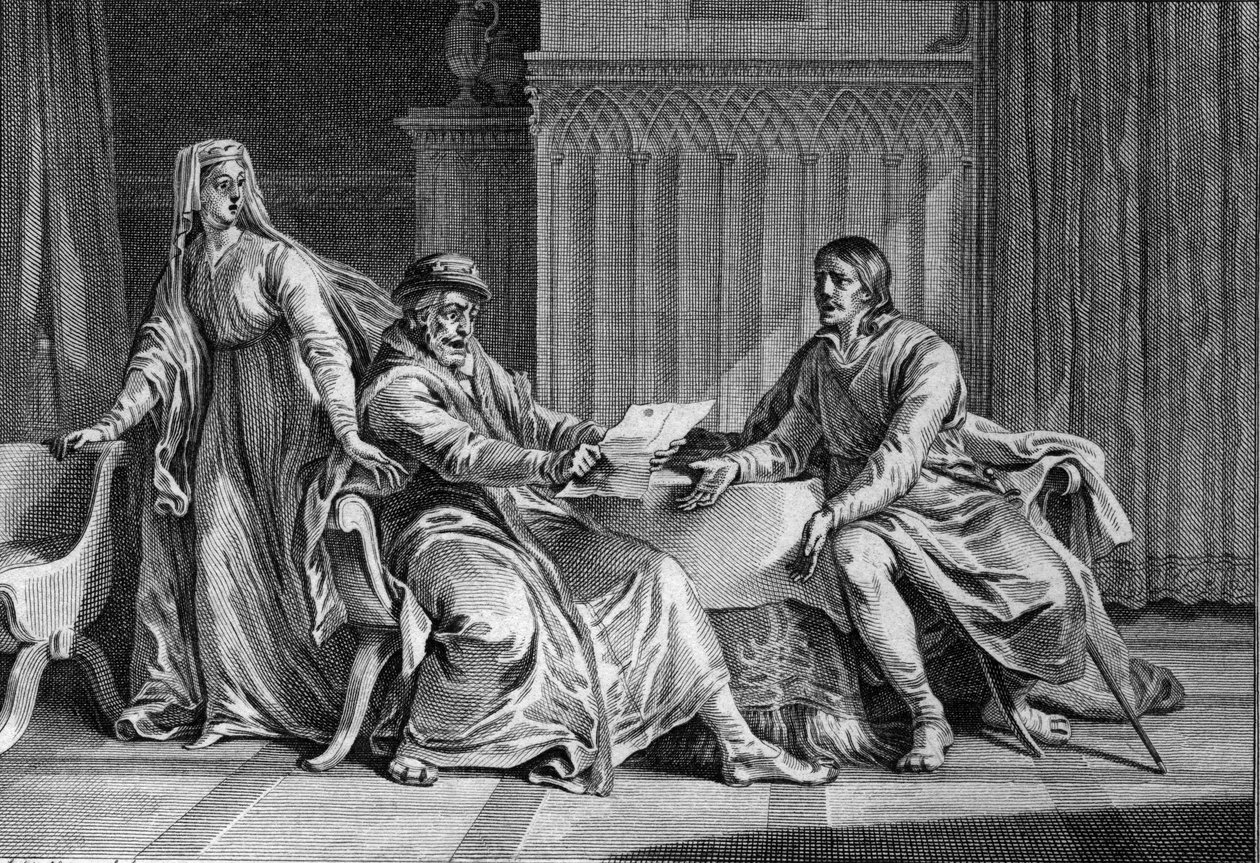 Louis the Gros (1081-1137) viser sin far, Philip I (1052-1108), brevet der han angivelig ba kongen av England om å myrde Ludvig. Bertrade de Montfort (ca. 1070-1118), kone til Philippe og antatt forfatter av brevet, er også til stede. 1 av Jean Michel the Younger Moreau