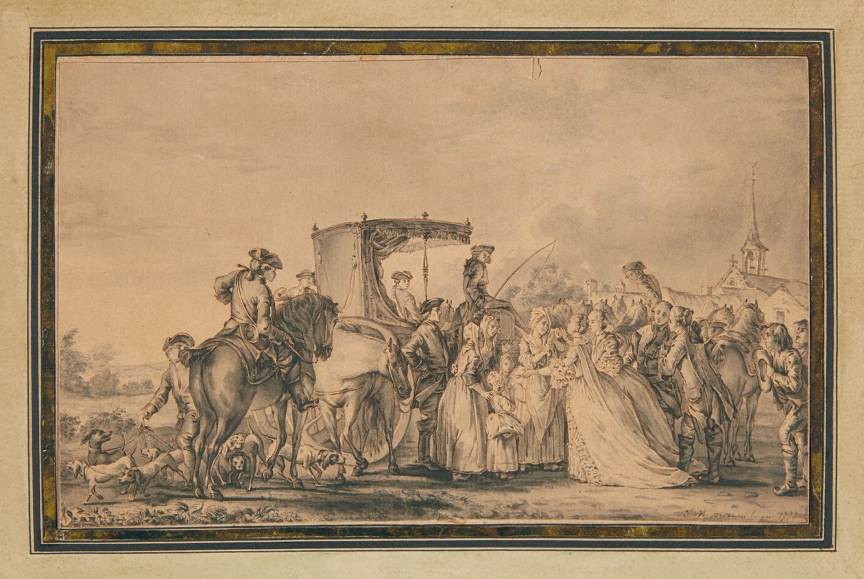 Marie Antoinette, gikk ut av vognen og omgitt av kortegen sin, trøstet en bonde, 1773 av Jean Michel the Younger Moreau