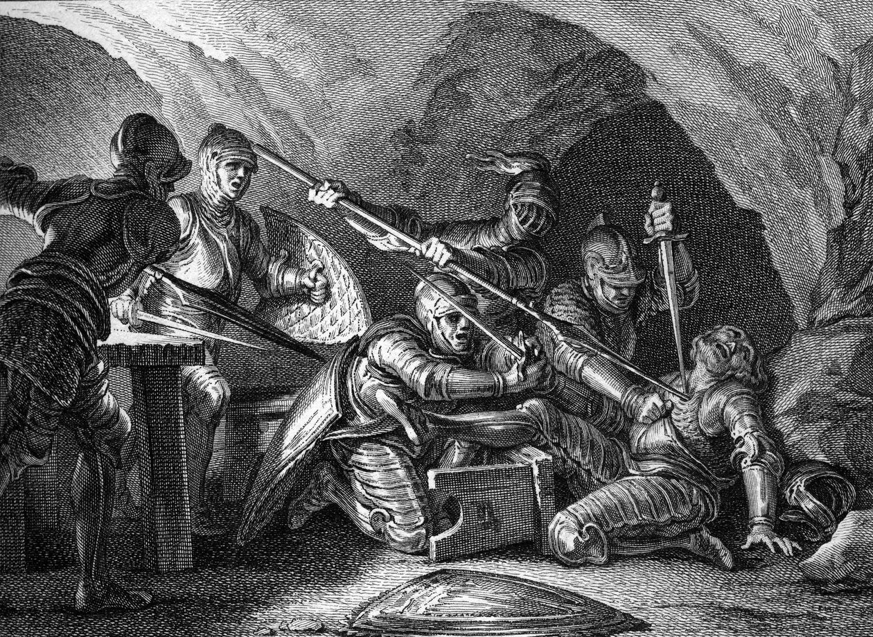 Meeting of the Duchy of Aquitaine to the Crown: Assassination of Waifre (or Gaifier), Duke of Aquitaine (767 or 768). Engraving by Romanet after Moreau le jeune (1779). av Jean Michel the Younger Moreau