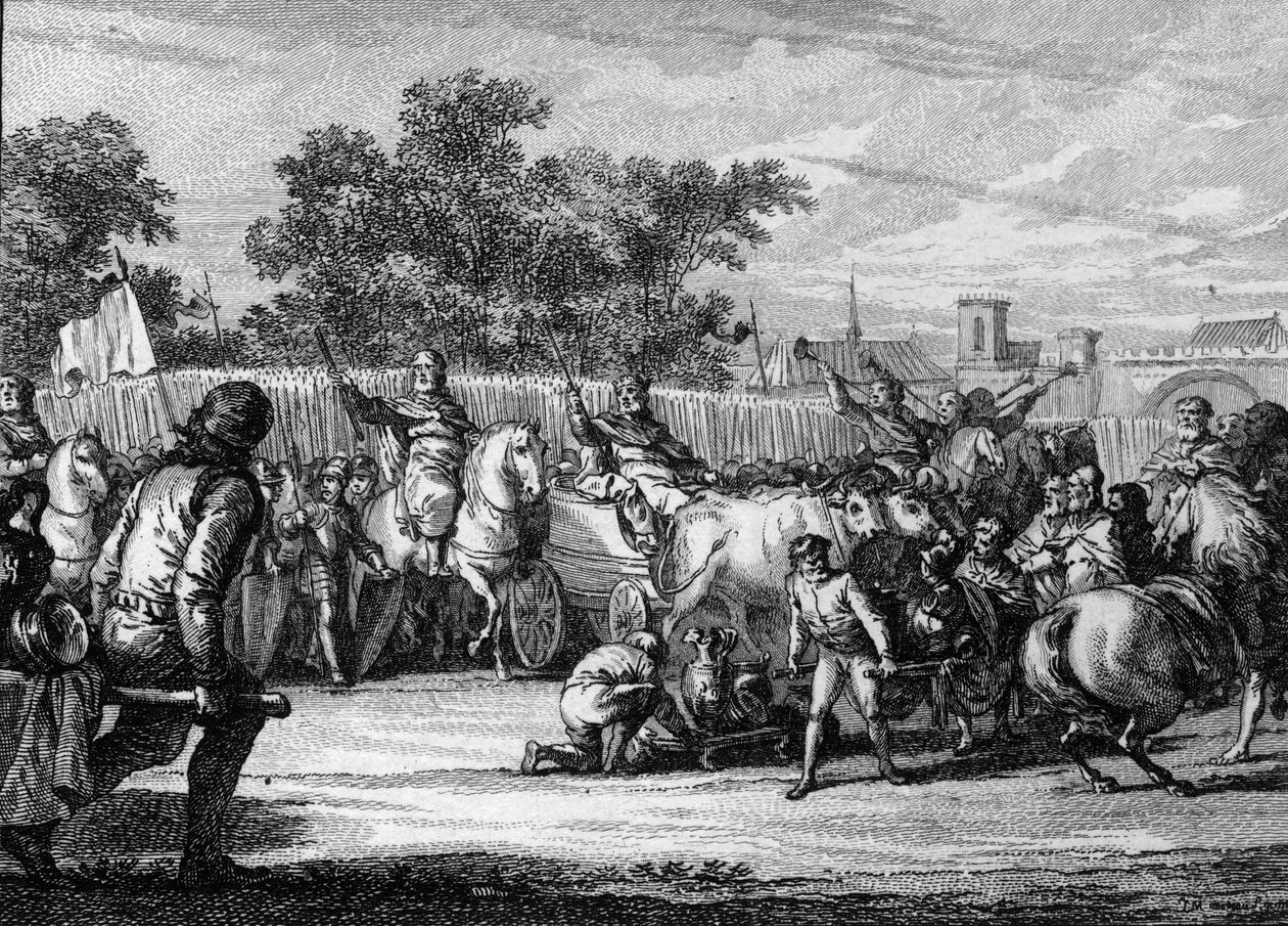 Merovingertid; ankomst av kongen under et "Marsfelt"". Kongen klatret på en kjerre avfyrt av okser, trompeter kunngjør hans ankomst. Ved sin side, borgmesteren i palasset, syklet med Baton de Commandant. Gravering av Jean Michel Moreau, dett av Jean Michel the Younger Moreau