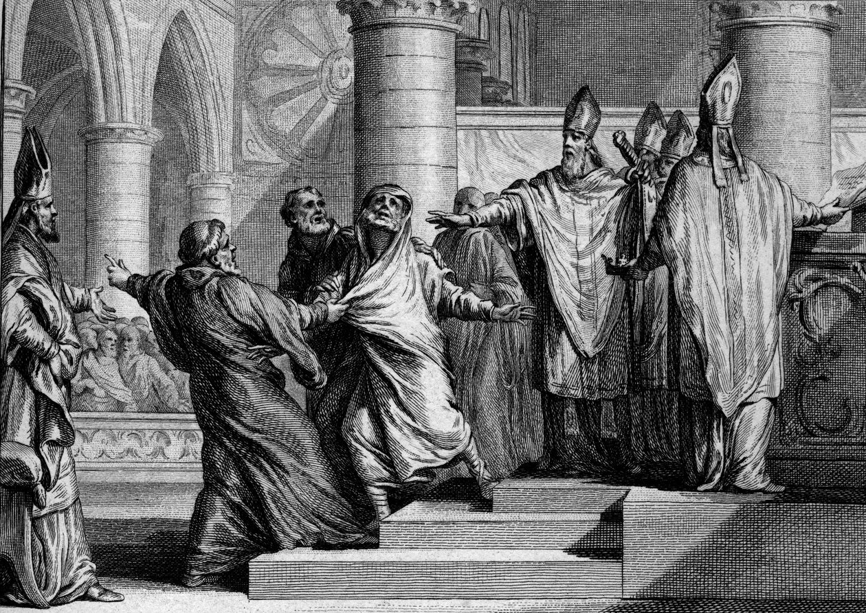 Anger og avsetting av Louis I den fromme eller Debonnaire (778-840), 833: etter å ha tilstått, blir kongen fratatt keiserlige ornamenter av arkeveken i Reims, deretter dekket med en pose med anger. Gravering av Jean Michel Moreau, dette Moreau le Jeu av Jean Michel the Younger Moreau