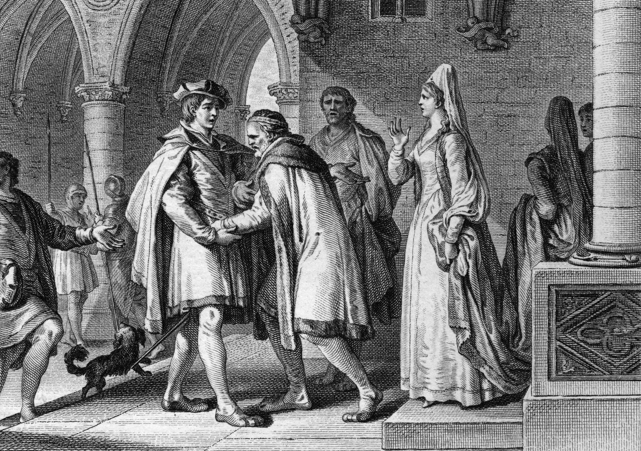 Filip I (1052-1108), kongen av frankene, besøker hoffet til greven av Anjou, Foulques le Rechin (1042-1109). Denne reisen er et påskudd for å arrangere ekteskapet hans med Bertrade de Montfort (rundt 1070-1118), kona til grev. 1095. Gravering av Jean Mich av Jean Michel the Younger Moreau