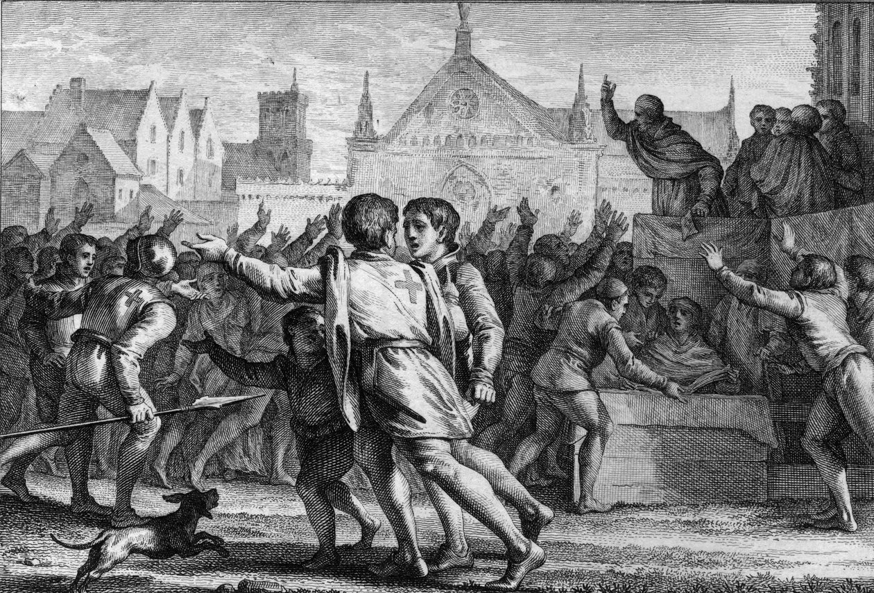 Pave Urban II (1042-1099) haranerer mengden ved Clermont Council for å oppmuntre befolkningen til å delta i det første korstoget og motta det røde tøykorset, symbolet på graveringene av Jean Michel the Younger Moreau
