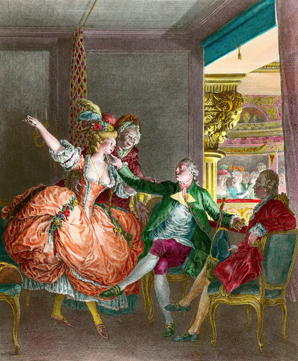 Prostitusjon: "" Presentasjonen på teateret""" En ung kvinne presenteres gjennom en matchmaker for en gentleman. Gravering av Moreau le Jeune (1741-1814). 1800-tallet. Privat samling av Jean Michel the Younger Moreau