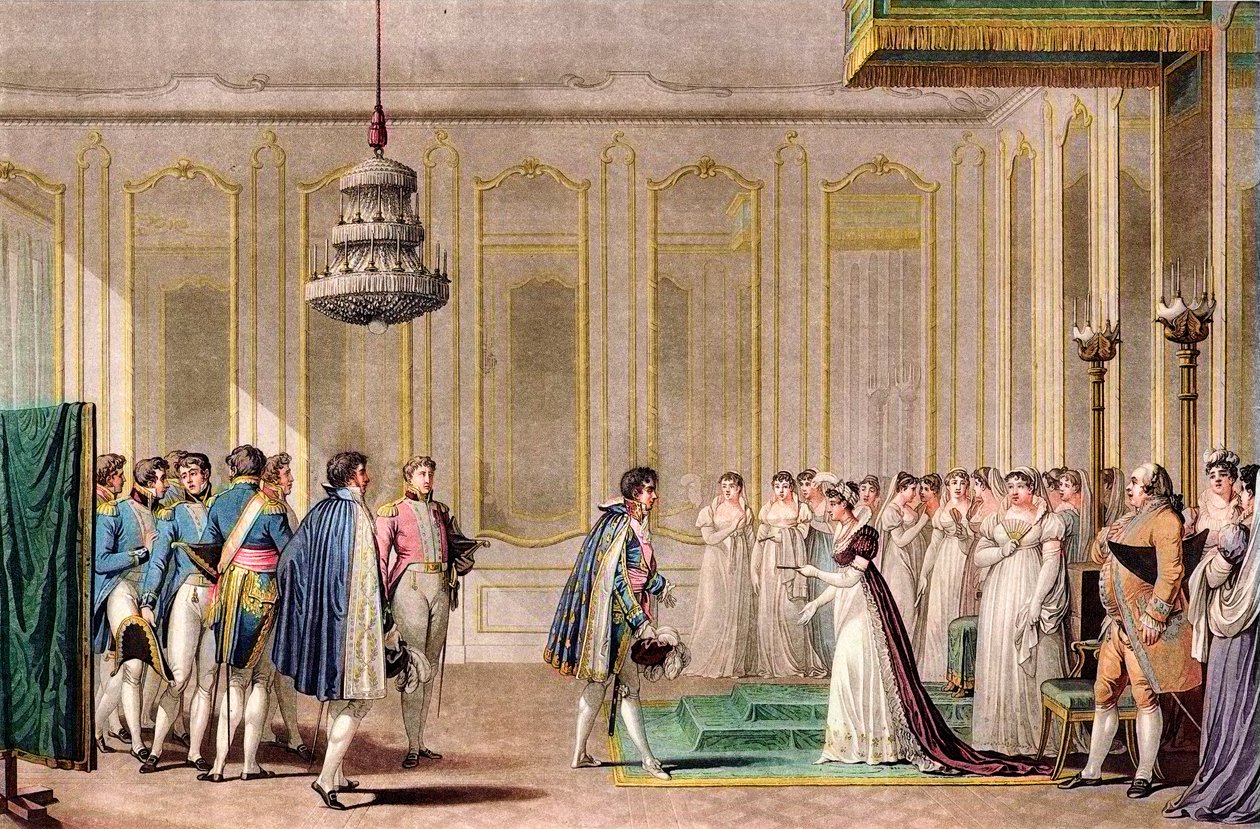 Proxy-gifteforslag fra Napoleon presentert for keiserinne av Østerrike av prins av Neufchatel (Louis-Alexandre Berthier) - gravering etter Jean-Michel Moreau le jeune - I et rom i leiligheten hans, Imperatrice Marie Louise av Østerrike (Marie-Louise) (1791 av Jean Michel the Younger Moreau