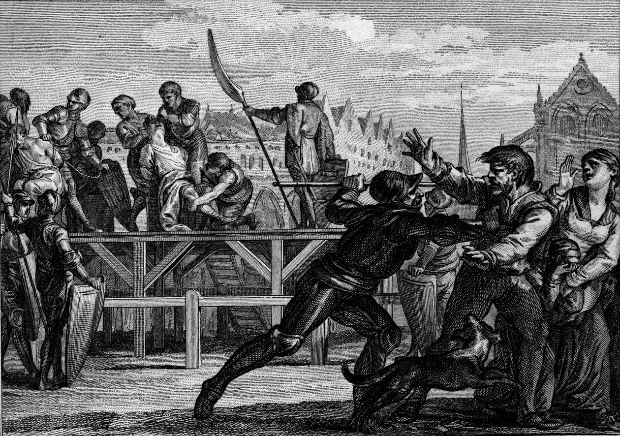 Punishment of Bernard, King of Italy (ca. 797-818), 818: he is dead for revolting against Louis I the Pious or the Debonnaire. Engraving by Jean Michel Moreau, dit Moreau le Jeune (1741- 1814) av Jean Michel the Younger Moreau