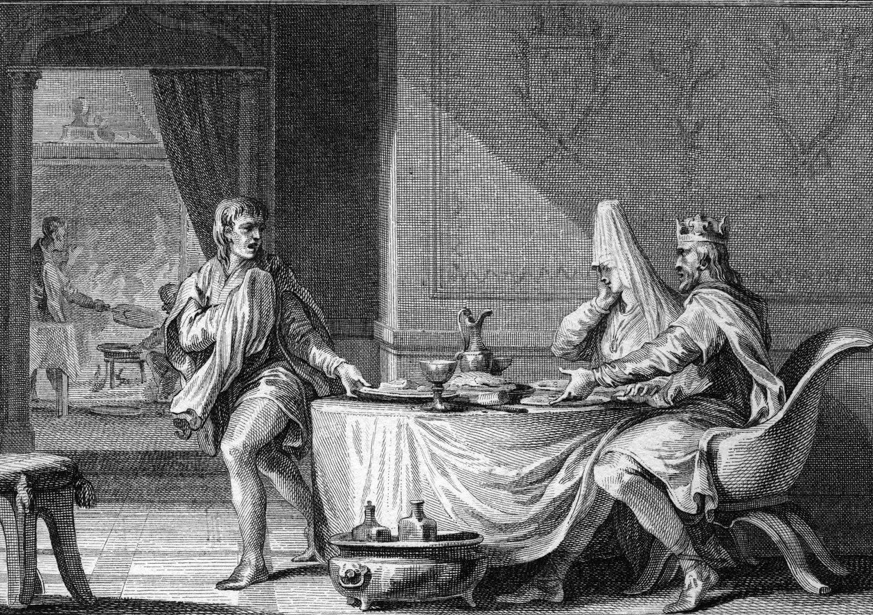 Robert II the Pieux (ca. 970-1031), konge av Frankrike, ekskommunisert i 997 etter at han giftet seg med sin kusine Berthe av Burgund. Gravering av Moreau den unge 1700-tallet. av Jean Michel the Younger Moreau