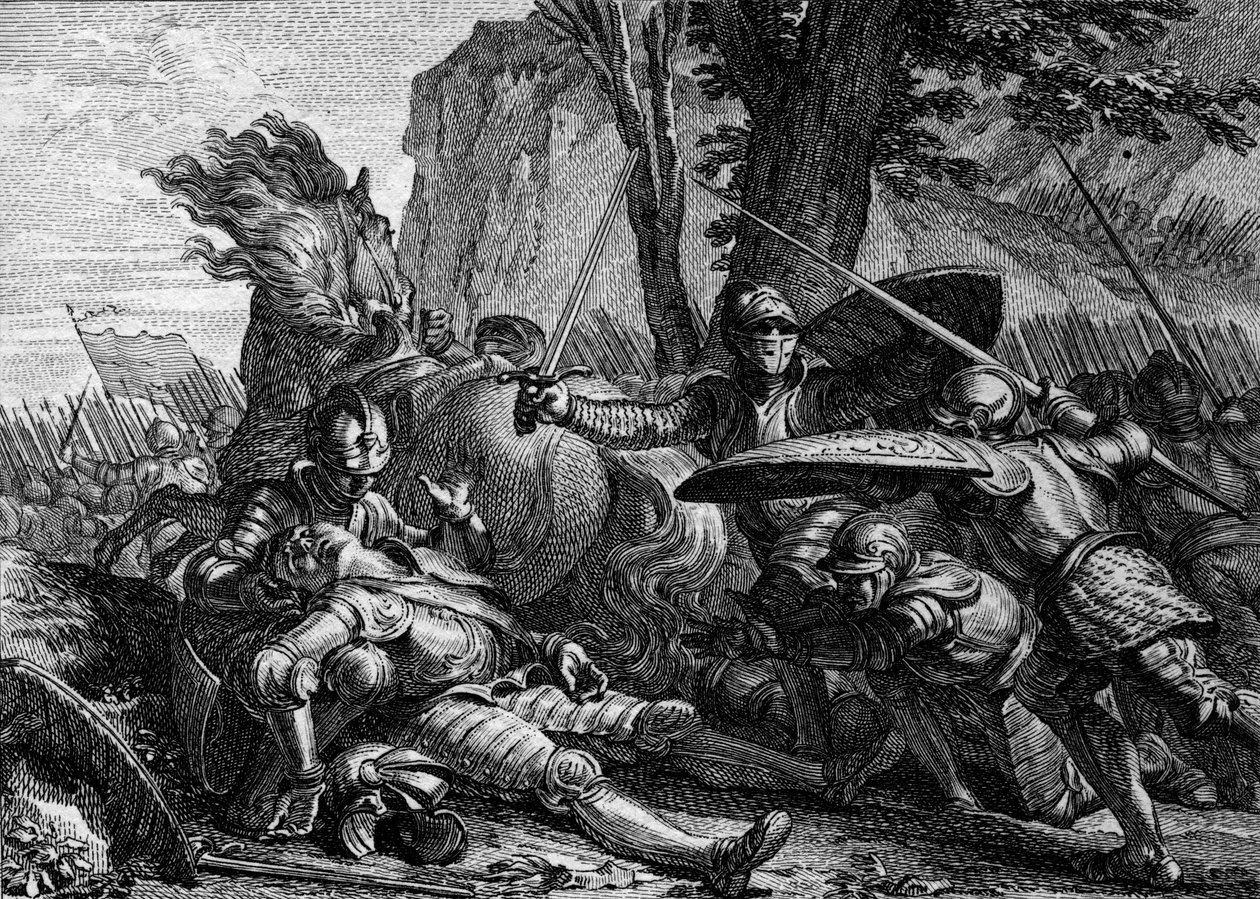 Roland døde under slaget ved Roncesvaux mellom hæren til Charlemagne og den til saracenerne. 778. Gravering av Jean Michel Moreau, dit Moreau le Jeune (1741- 1814) av Jean Michel the Younger Moreau