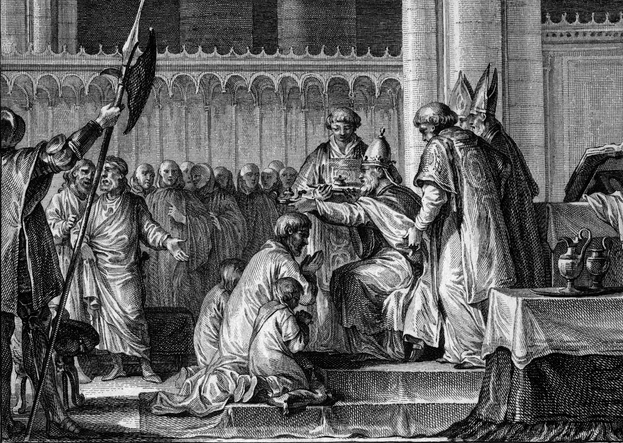 Sacred Pepin the Brief (714-768), Basilica of Saint Denis, 28. juli 754: Pave Stephen II innviet ham til konge av frankerne og Patrice av romerne (Patricius Romanorum). Ved hans side, hans to sønner, Carloman og Charles (den fremtidige Charlemagne). Graver av Jean Michel the Younger Moreau