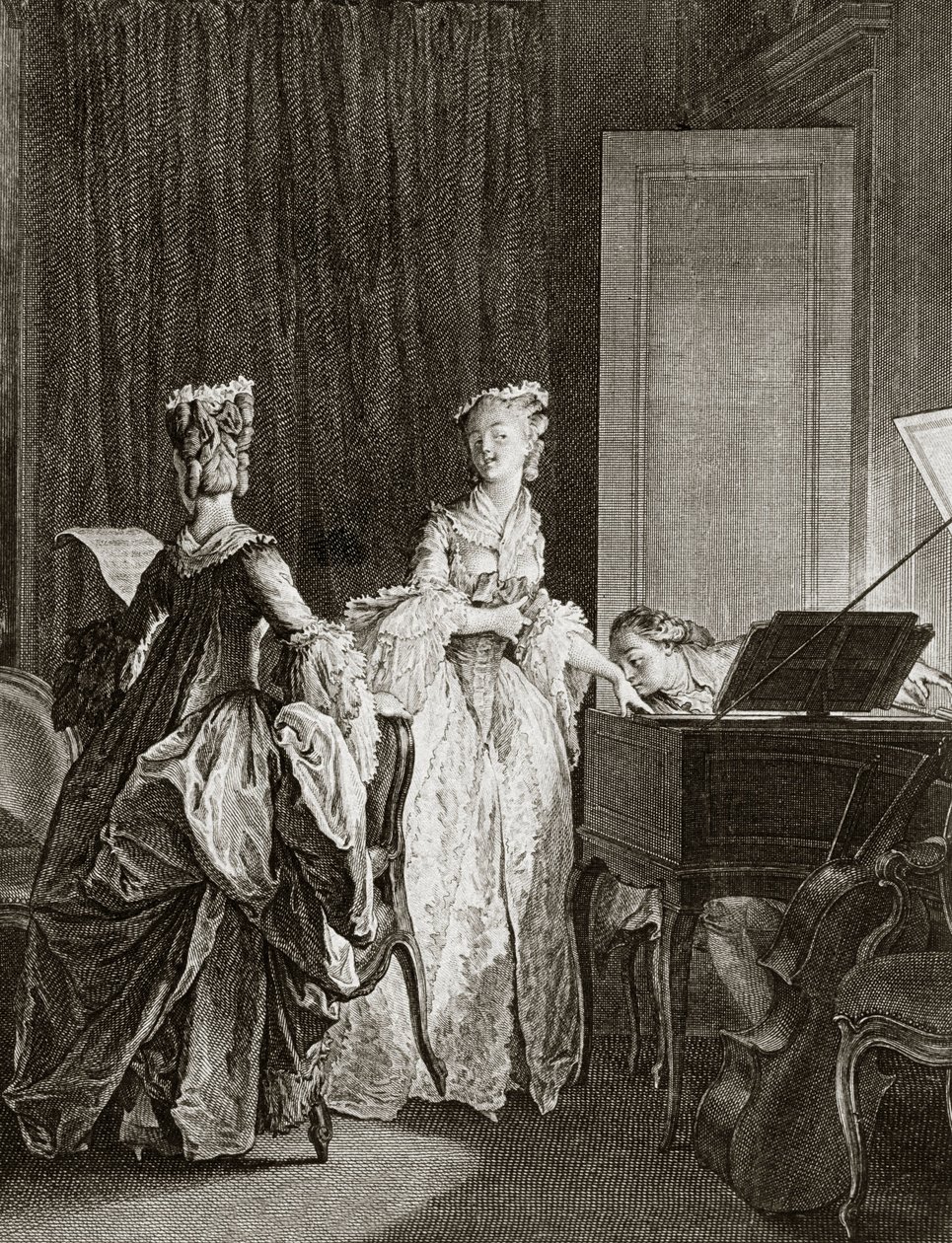 Saint Preux og Claire ved cembalo i "" Julie ou la nouvelle Heloise"" av den sveitsiske filosofen Jean Jacques (Jean-Jacques) Rousseau (1712-1778) - gravering av Moreau le jeune, Jean Michel (1741-1814) (Saint -Preux, slår seg ned ved cembalo, kyss av Jean Michel the Younger Moreau