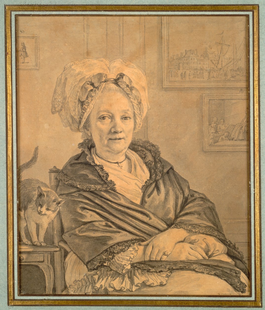 Sittende kvinne med en katt, ca. 1776. av Jean Michel the Younger Moreau
