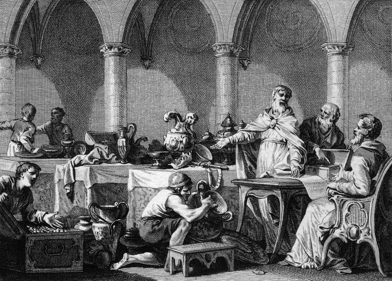 Sharing of the Tresors of Dagobert I (602/605-638), King of the Francs, after his death, under the control of the two mayors of the Pepin Palace of Landen and Aega. Engraving by Jean Michel Moreau, dit Moreau le Jeune (1741- 1814) av Jean Michel the Younger Moreau