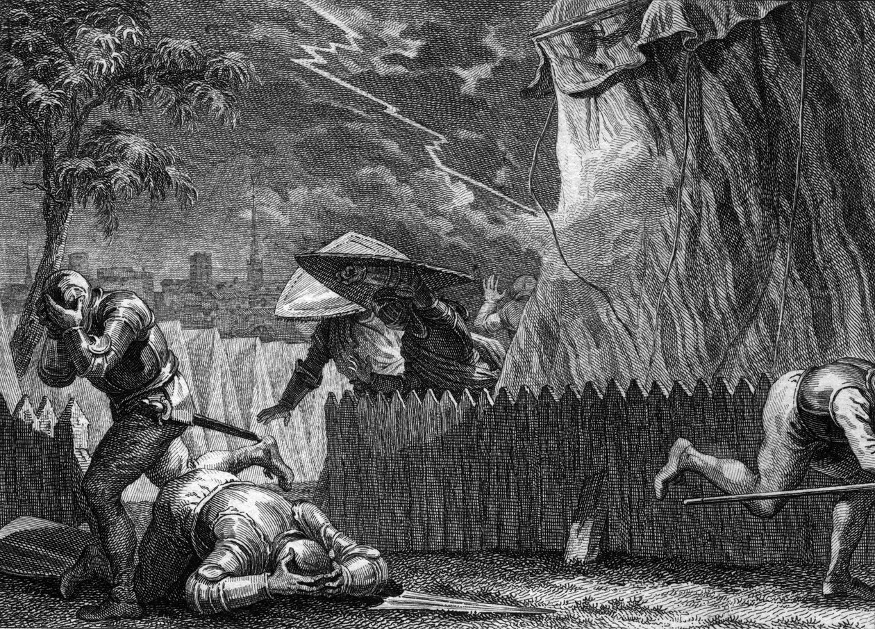 Siege of Poitiers, 954: under en storm ødela et lys teltet til Hugues den store (897-956). Gravering av Jean Michel Moreau, dit Moreau le Jeune (1741-1814) av Jean Michel the Younger Moreau