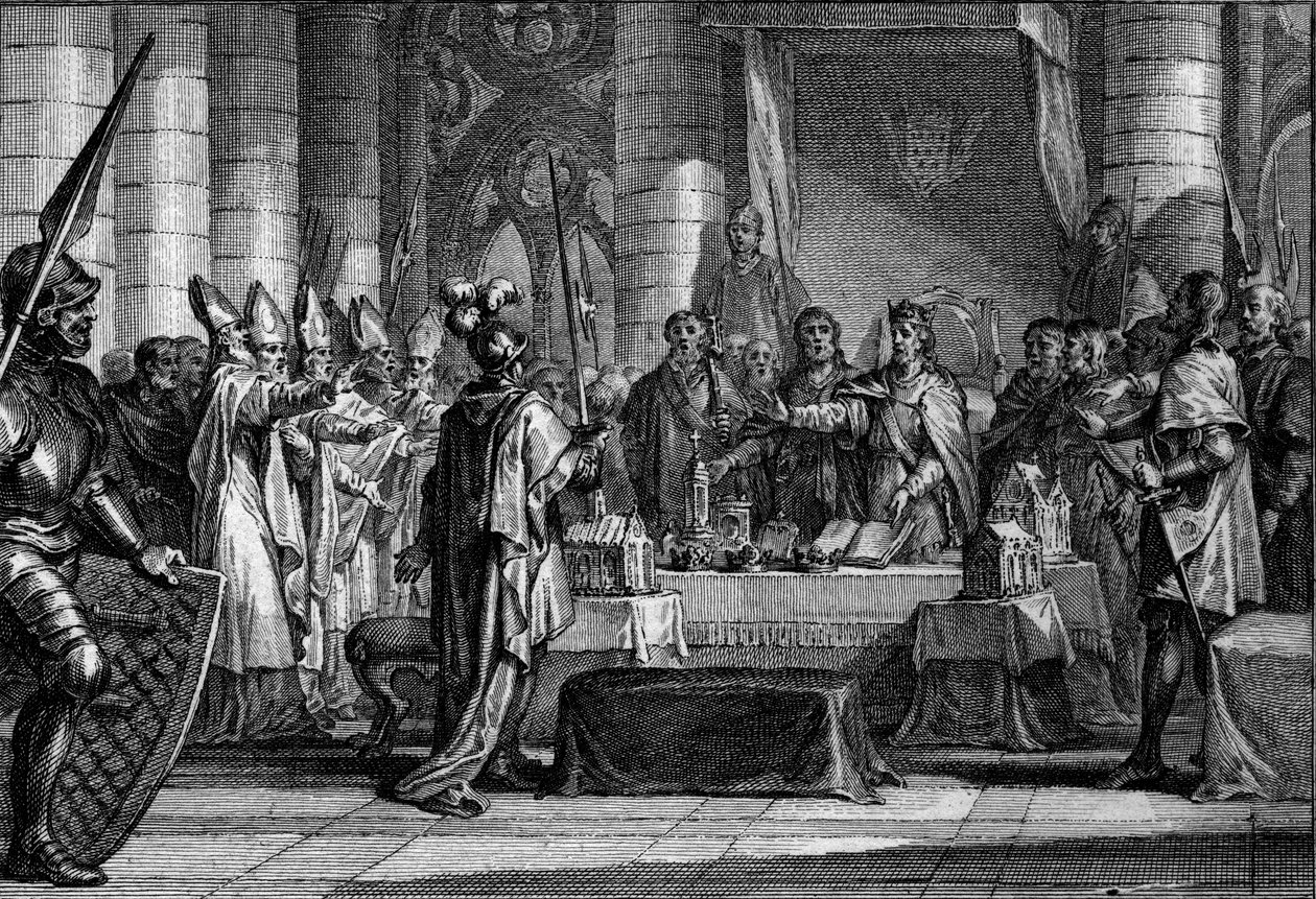 Etterfølgen av Louis 1st the Pious eller Debonnaire, 816: keiseren av Vesten (778-840) før de tre kronene som symboliserer delingen av imperiet hans i tre riker, som hver vender tilbake til en av sønnene hans (Lothaire, Pepin, Louis) . Gravering av Jean Mi av Jean Michel the Younger Moreau
