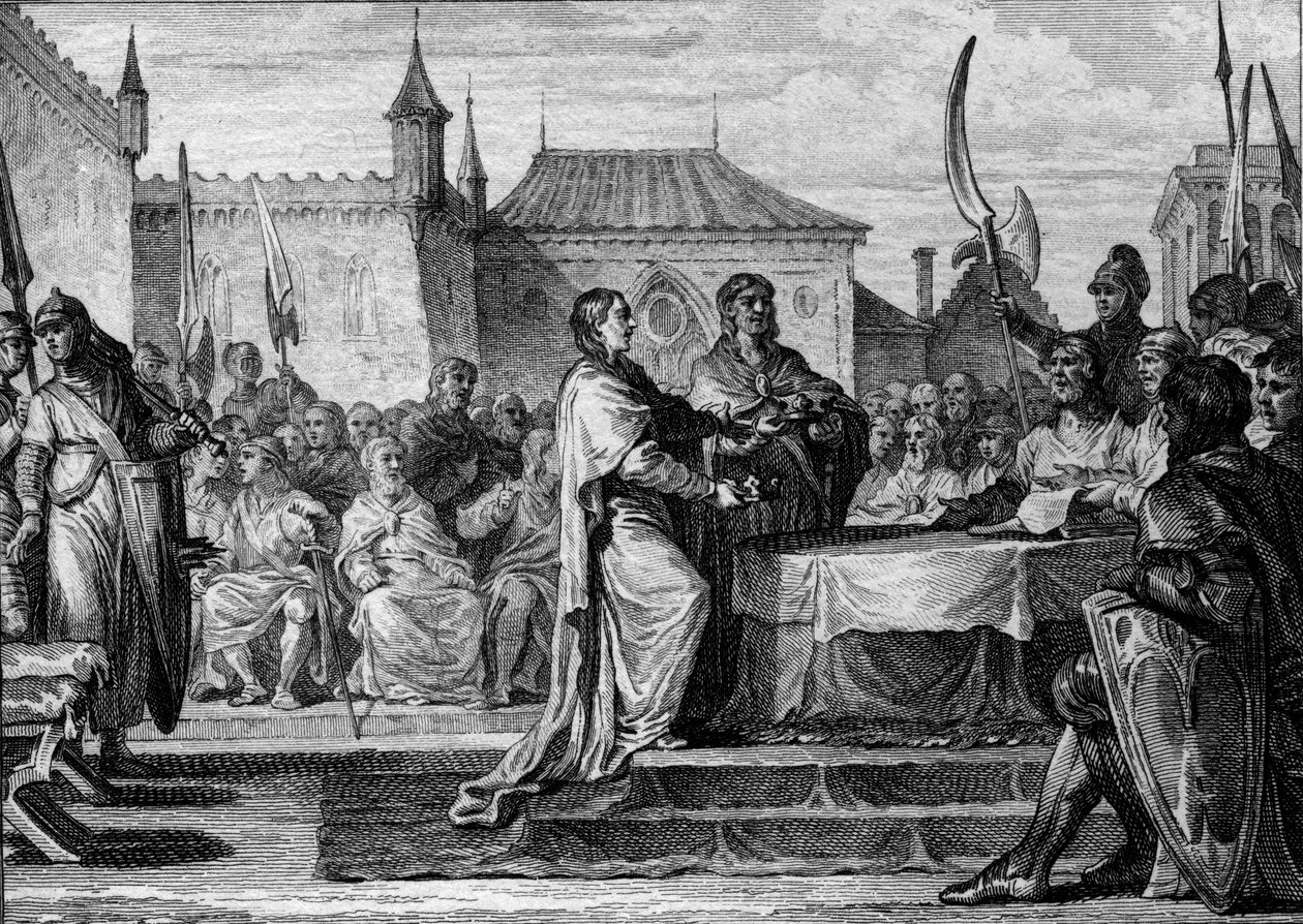 Etterfølge av Pepin the Brief, 768: en forsamling bestemte seg for å dele riket mellom hans to sønner, Charlemagne (747-814) og Carloman (ca. 751-771), og dermed bryte ned ordningene som ble gjort av Pepin the Brief. Gravering av Jean Michel Moreau, dit Mo av Jean Michel the Younger Moreau