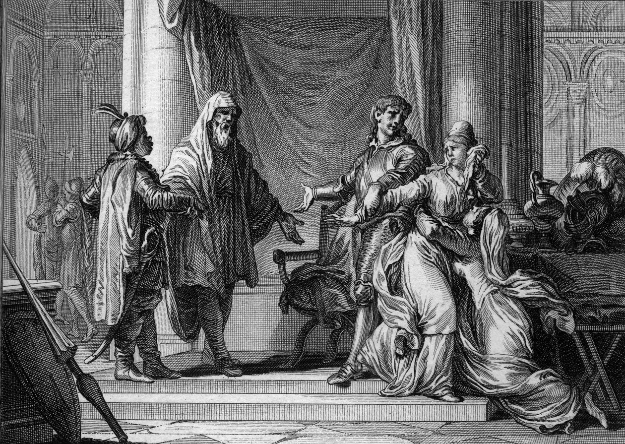 Prinsessen av Aquitaine, Lampagie, ble tvangsgiftet av sin far (Eudes) med den mauriske kaptein Munuza (Uthman ibn Naissa) for å sikre fred med saracenerne, 730. Gravering av Jean Michel Moreau, dit Moreau le Jeune (1741-1814) ) av Jean Michel the Younger Moreau