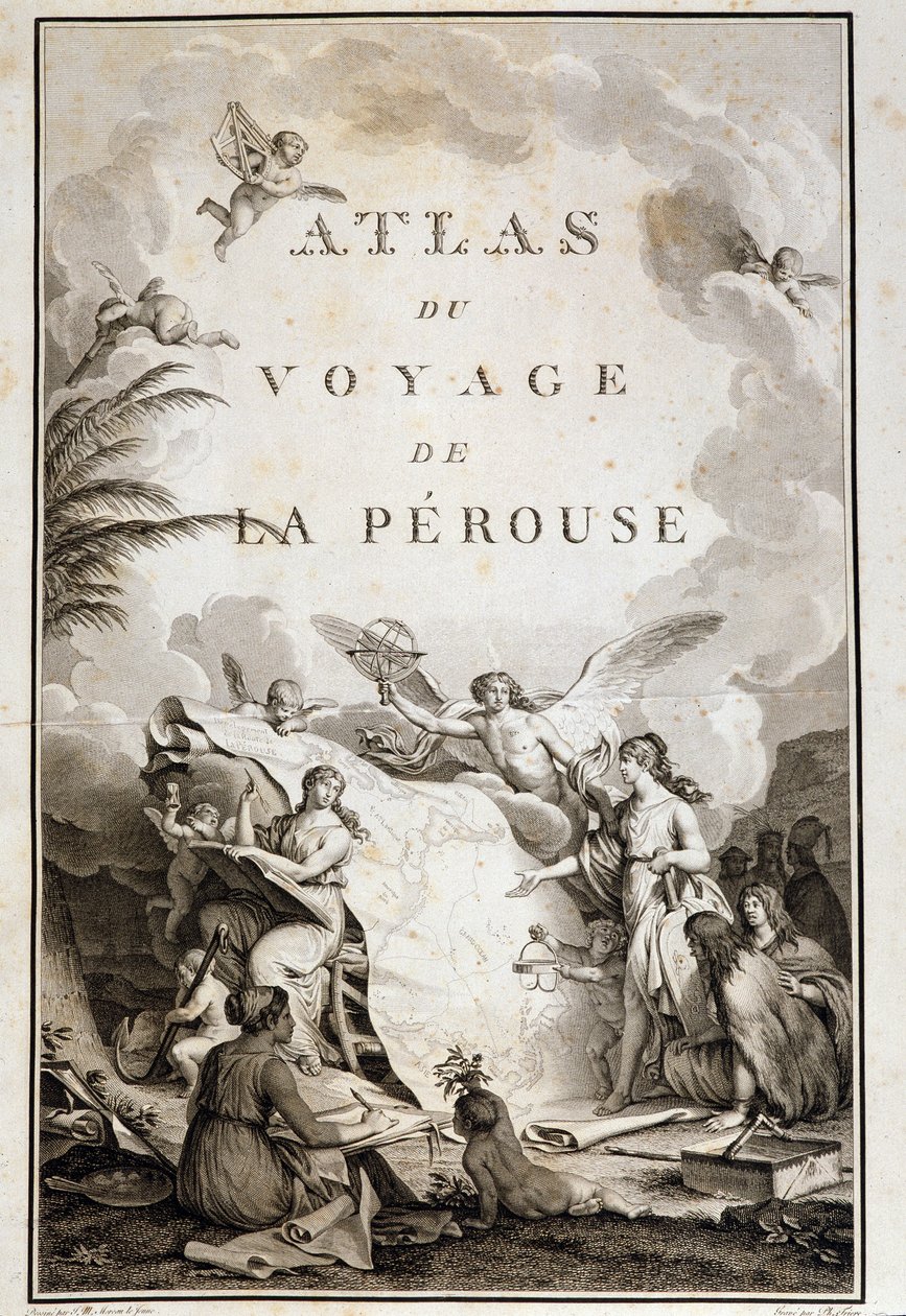 Tittelside til "" Atlas du voyage de La Perouse "" (Jean-Francois Galaup, Comte de La Perouse (Jean Francois Laperouse) av Jean Michel the Younger Moreau