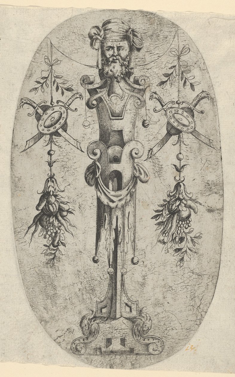 Mannlig endefigur, hode med skjegg og turban på en trekvart stroppefot..., ca. 1543-45. av Jean Mignon