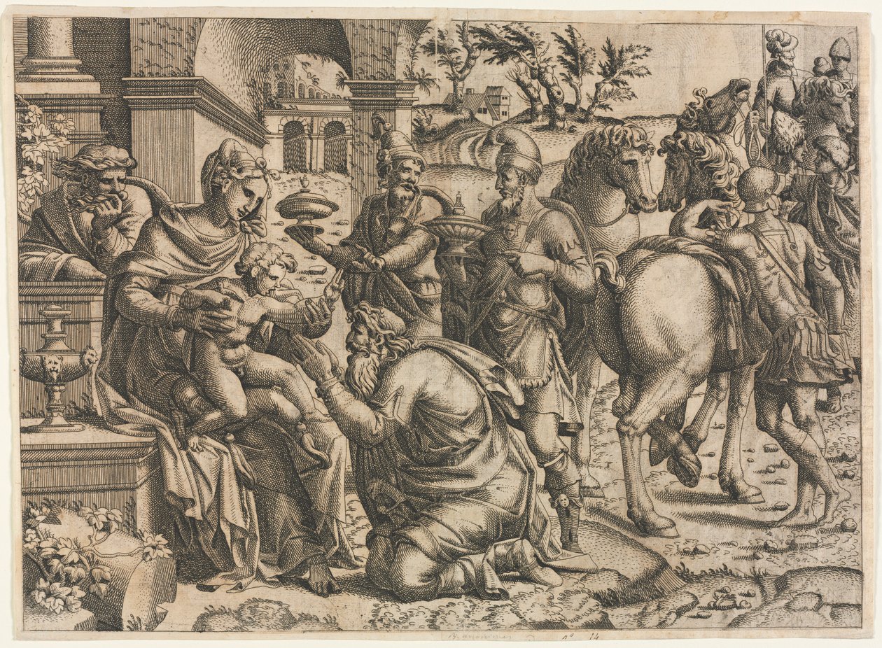 Tilbedelsen av magiene, ca. 1545. av Jean Mignon