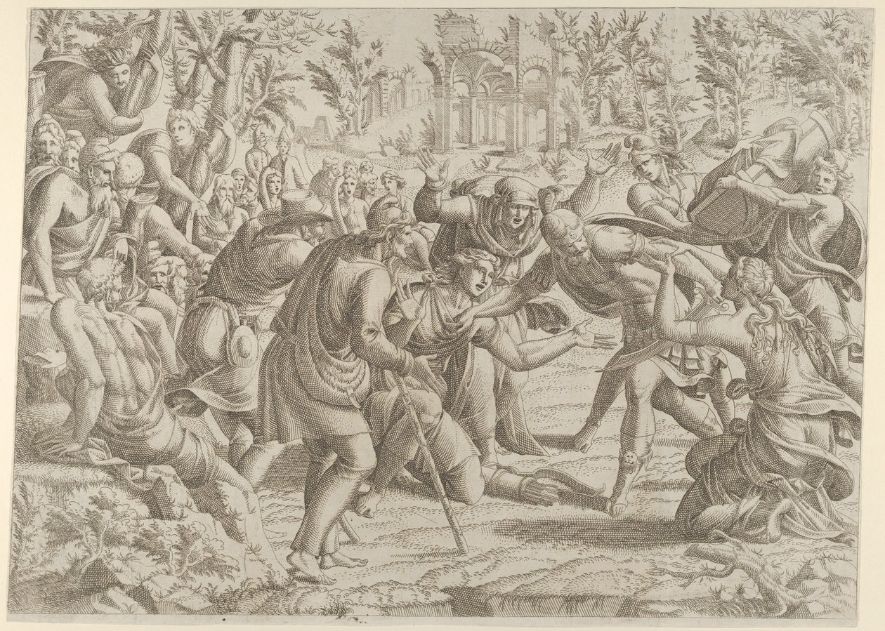 Den forræderske Sinon brakt inn i Trajans leir av hyrdene, 1535-55. av Jean Mignon