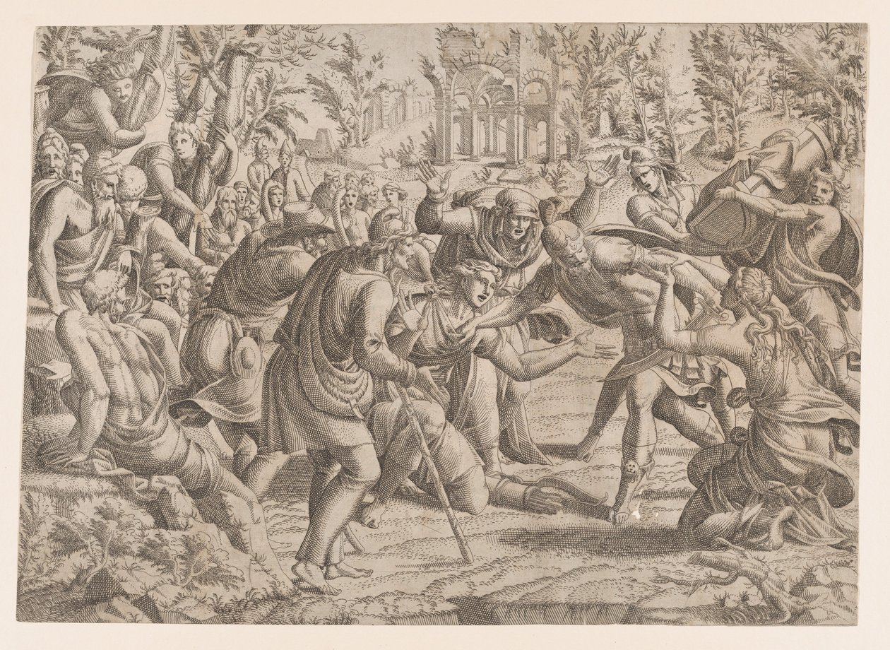 Den forræderske Sinon brakt inn i trojanernes leir av hyrdene, 1535-55. av Jean Mignon
