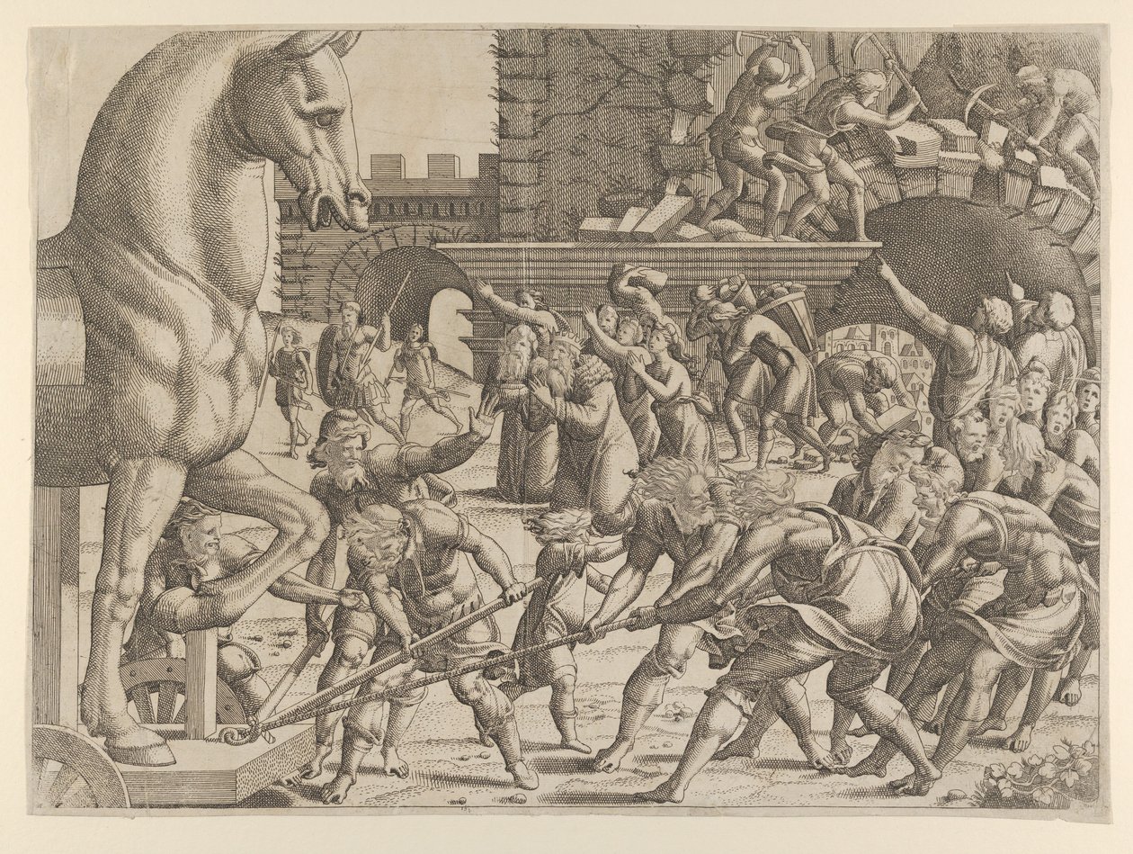 Trojanerne bringer trehesten inn i byen deres, 1535-55. av Jean Mignon