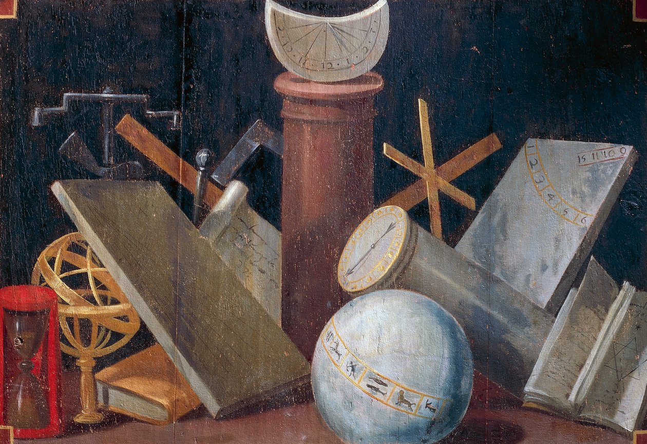 Vitenskapelige og astronomiske instrumenter, ca 1620, panelmaleri av Jean Mosnier (1600-1656). Beauregard Castle, Loir-et-Cher, Frankrike. av Jean Monier or Mosnier
