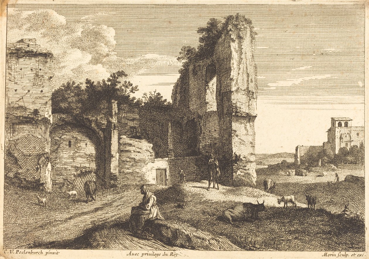 Gammel kvinne sitter av Jean Morin after Cornelis van Poelenburch