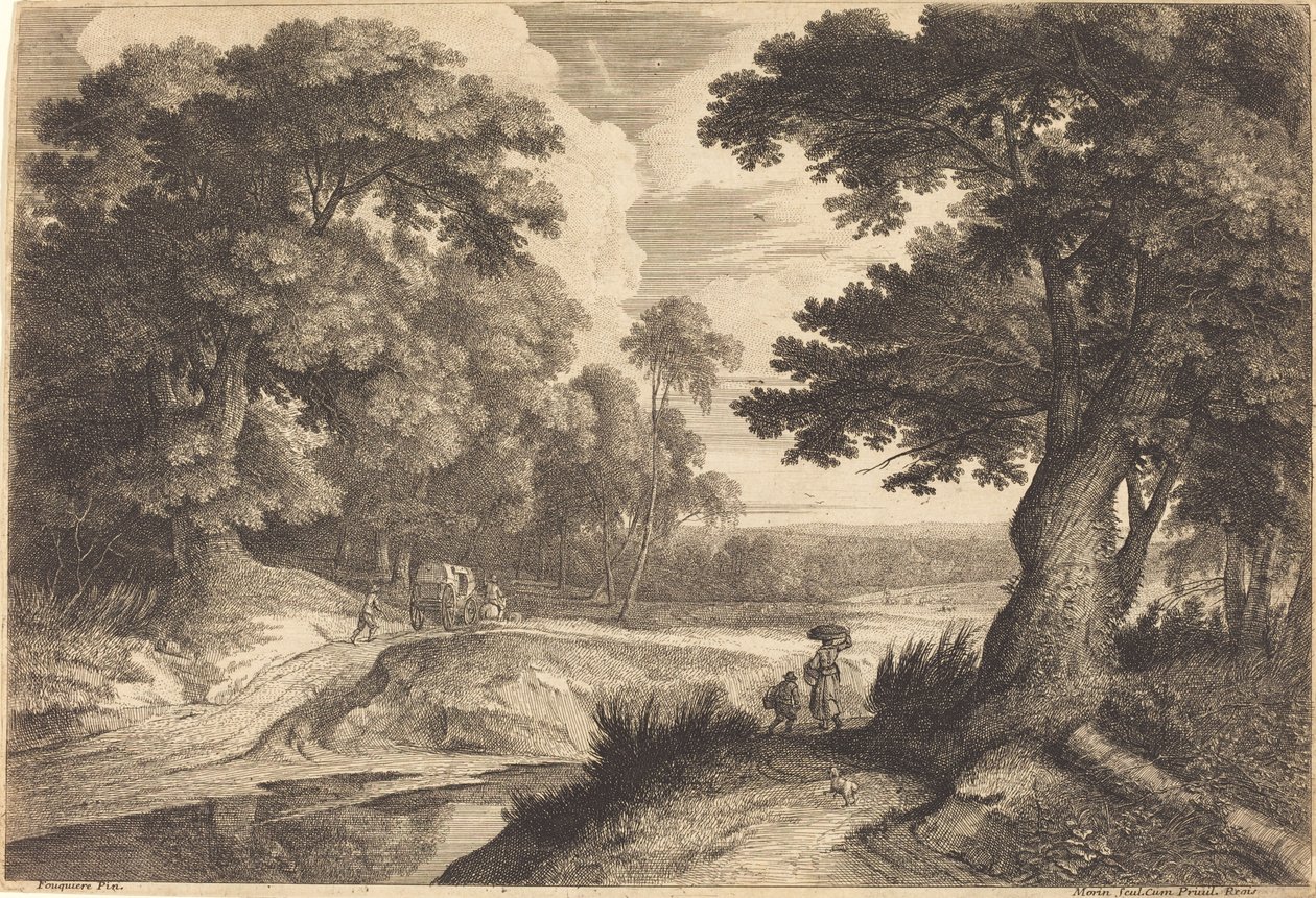 Edge of a Wood med bønder som skal på markedet av Jean Morin, after Jacques Fouquières