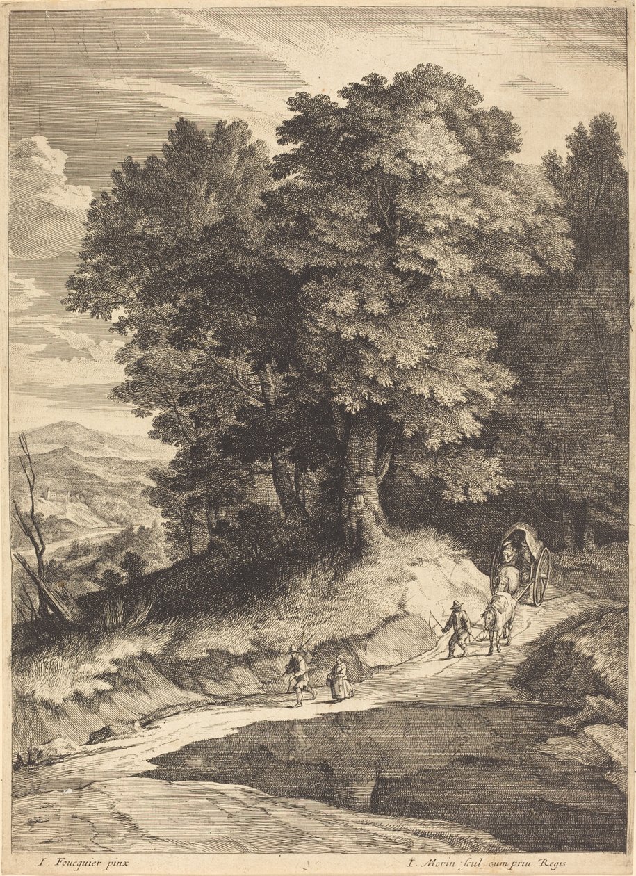 Edge of a Wood med reisende i en vogn av Jean Morin, after Jacques Fouquières