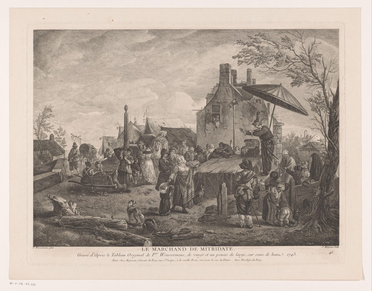 landsbyteater Le Marchand de Mitridate (tittel på objekt) Trykk etter malerier av Philips Wouwerman (serietittel) Oeuvres de Ph.pe Wouwermans Hollandois (serietittel) av Jean Moyreau