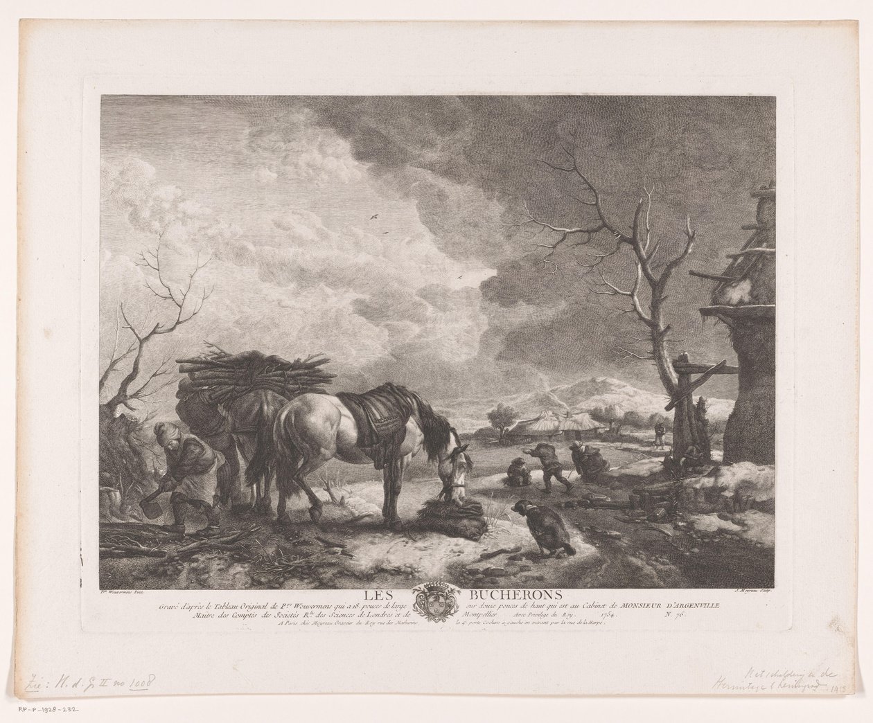 Tømmerhoggere i et vinterlandskap Les Bucherons (tittel på objekt) Trykk etter malerier av Philips Wouwerman (serietittel) Oeuvres de Ph.pe Wouwermans Hollandois (serietittel) av Jean Moyreau