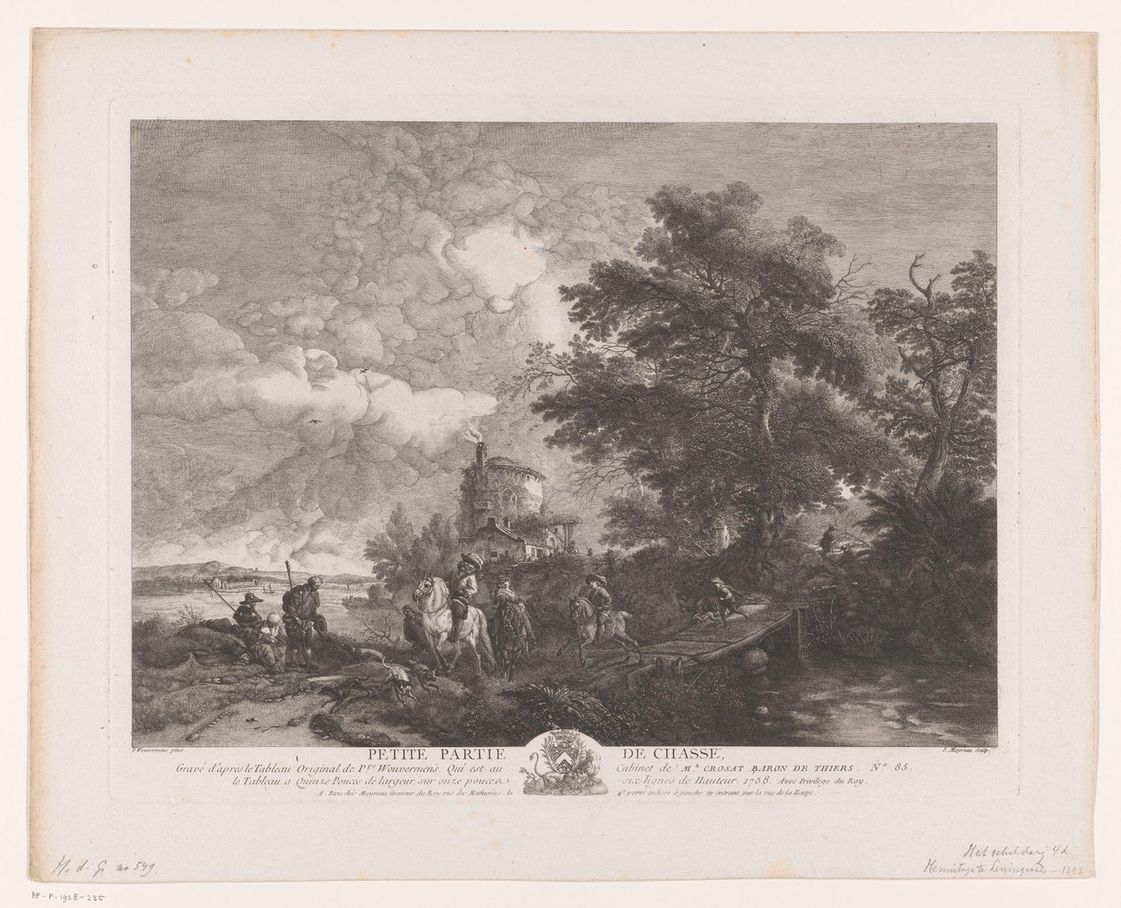 Jaktgruppe i landskap med bro Petite Partie de Chasse (tittel på objekt) Trykk etter malerier av Philips Wouwerman (serietittel) Oeuvres de Ph.pe Wouwermans Hollandois (serietittel) av Jean Moyreau