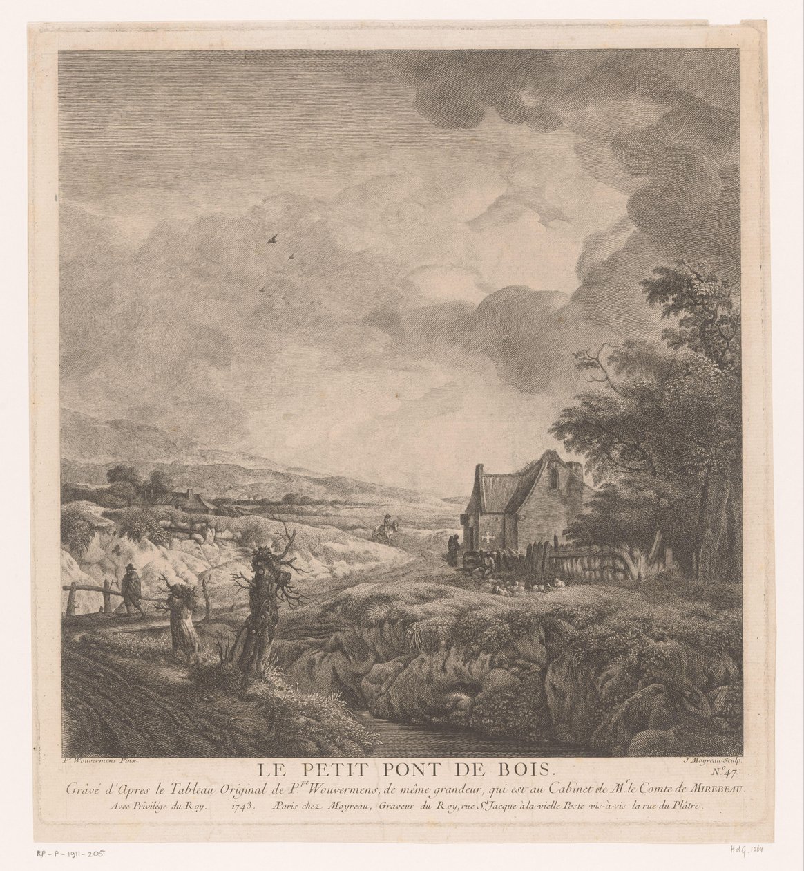 Landskap med hus langs en sti over en bro Le petit pont de bois (tittel på objekt) Trykk etter malerier av Philips Wouwerman (serietittel) Oeuvres de Ph.pe Wouwermans Hollandois (serietittel) av Jean Moyreau