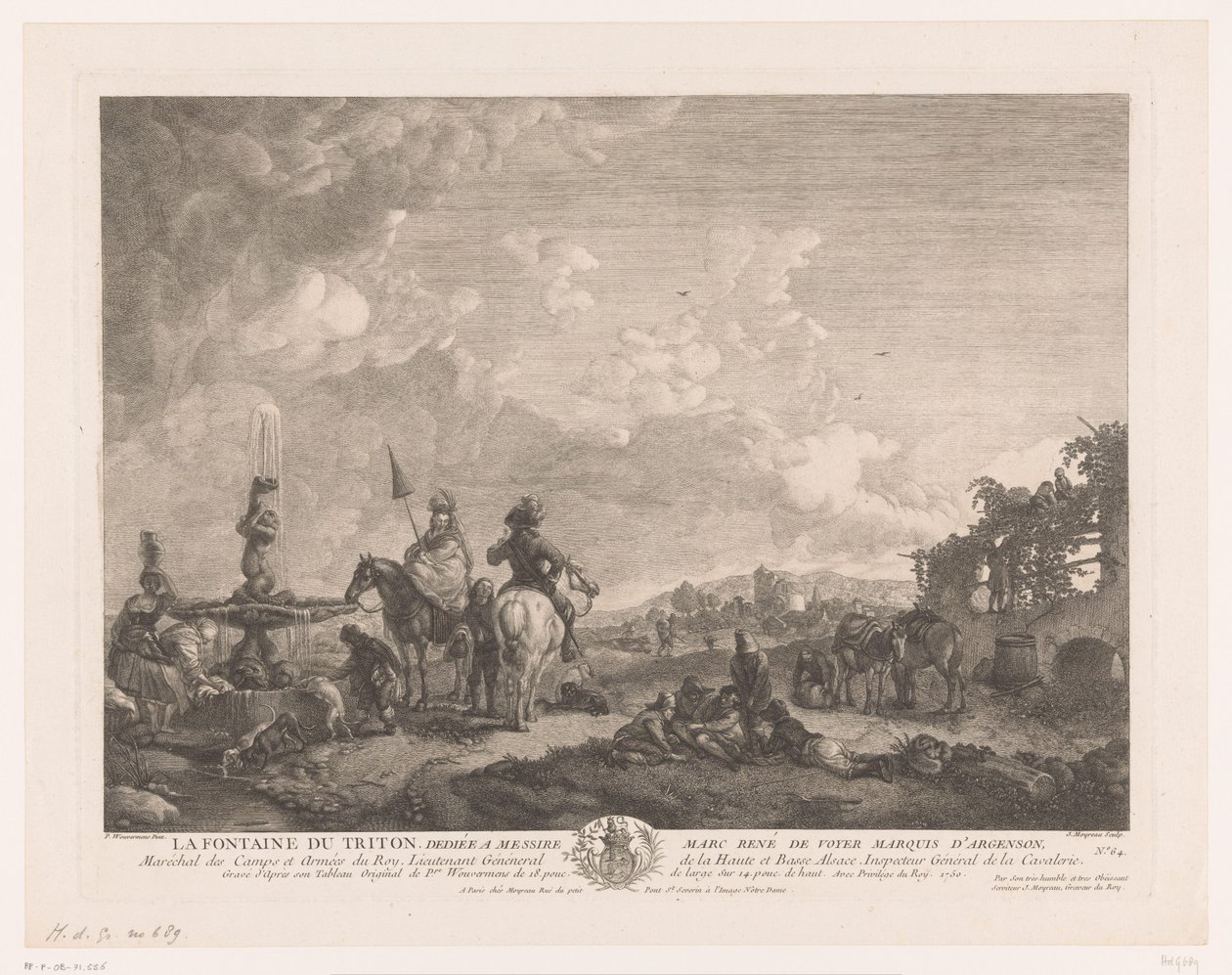 Landskap med figurer ved en fontene La Fontaine du Triton (tittel på objekt) Trykk etter malerier av Philips Wouwerman (serietittel) Oeuvres de Ph.pe Wouwermans Hollandois (serietittel) av Jean Moyreau
