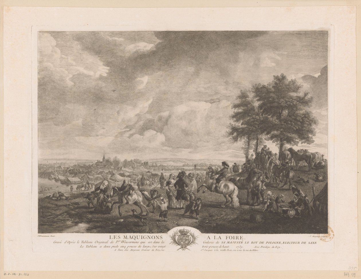 Landskap med hestehandlere på et marked Les Maquignons à la Foire (tittel på objekt) Trykk etter malerier av Philips Wouwerman (serietittel) Oeuvres de Ph.pe Wouwermans Hollandois (serietittel) av Jean Moyreau