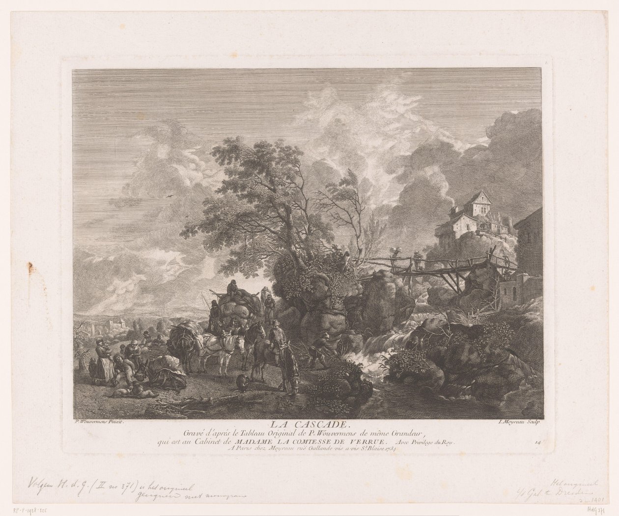 Landskap med reisende ved en foss La cascade (tittel på objekt) Trykk etter malerier av Philips Wouwerman (serietittel) Oeuvres de Ph.pe Wouwermans Hollandois (serietittel) av Jean Moyreau