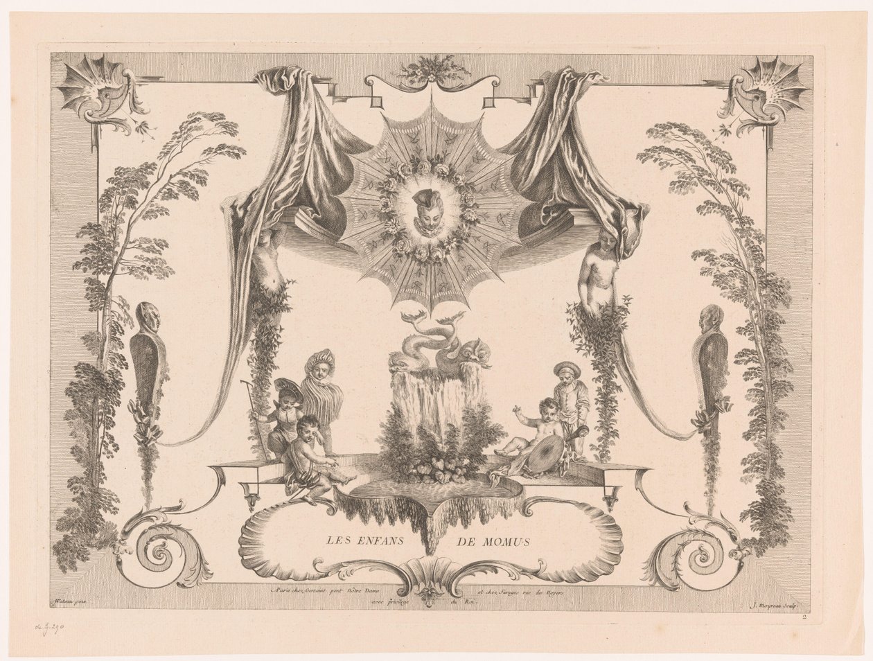 Design for paneling med barn ved en fontene Les Enfans de Momus (tittel på objekt) Oeuvre av Antoine Watteau (serietittel) L